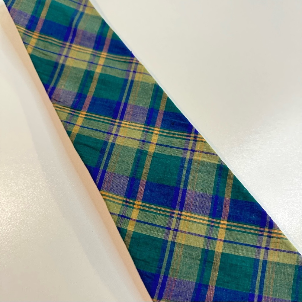 GAP Vintage Plaid Madras Tie in Green Blue and Yellow Fall Plaid Tie Preppy - Picture 5 of 10